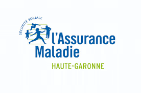 Logo officiel de l'Assurance Maladie Haute-Garonne, avec les mots 'Sécurité Sociale' et des silhouettes bleues représentant des personnes actives.