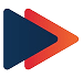 Icône bouton lecture triangulaire, bleu foncé à gauche et dégradé orange-rouge à droite. Symbole d'avance rapide vidéo.