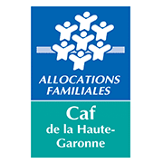 Logo officiel de la Caf de la Haute-Garonne. Un groupe stylisé de personnes représente une famille, avec le texte "ALLOCATIONS FAMILIALES".
