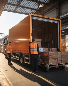 Deux ouvriers en gilets orange chargent des colis sur palettes dans un camion de livraison orange, à l'arrière d'un entrepôt lumineux.
