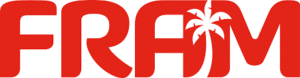 Logo FRAM rouge en lettres épaisses avec un palmier blanc stylisé dans le 'A', symbole de voyage et d'évasion.