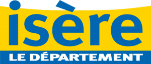 Logo du Département de l'Isère. Texte bleu 'isère' sur fond jaune vif, surmontant 'LE DÉPARTEMENT' en bleu.
