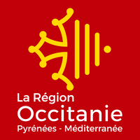 Logo de la Région Occitanie Pyrénées - Méditerranée. Fond rouge avec croix occitane et motifs stylisés jaune or.