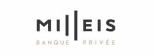 Logo de Milleis Banque Privée, montrant le nom 'Milleis' en gris foncé avec des barres verticales pour LLEI, et 'Banque Privée' en marron clair.