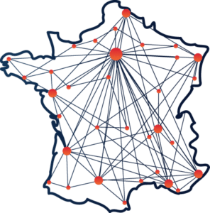 Réseau dense de villes françaises (points lumineux rouges) interconnectées par des lignes, sur une carte stylisée de la France.