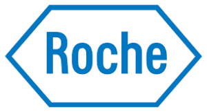Logo de Roche : un hexagone bleu cernant le nom de l'entreprise pharmaceutique et de diagnostic 'Roche' écrit en capitales bleues.