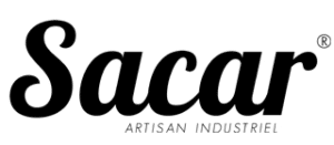 Logo de Sacar, marque artisan industriel, texte principal noir et slogan gris. Symbole marque déposée inclus.