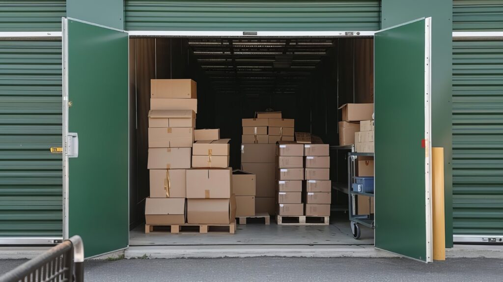 Unité de stockage verte ouverte remplie de nombreux cartons empilés sur des palettes en bois, avec des portes roll-up adjacentes.