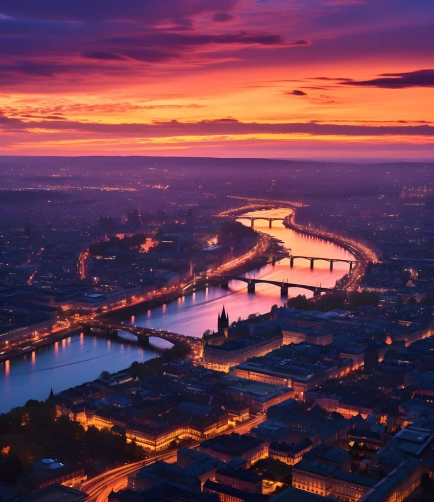 Ville au crépuscule: fleuve sinueux reflétant le coucher de soleil orange-violet. Ponts illuminés et lumières urbaines scintillant dans la nuit.
